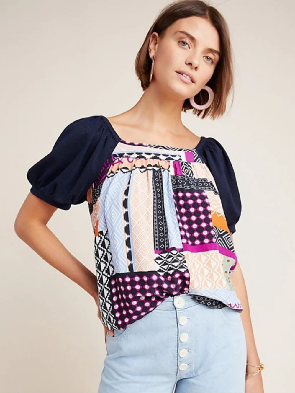 Anthropologie Maeve Patchwork Print Tunic Blouse S Boho Cottagecore Puff Sleeve - Picture 1 of 8